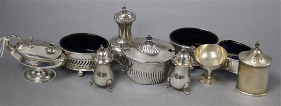 Eight assorted silver condiments, a silver lamp lighter and silver small cup.